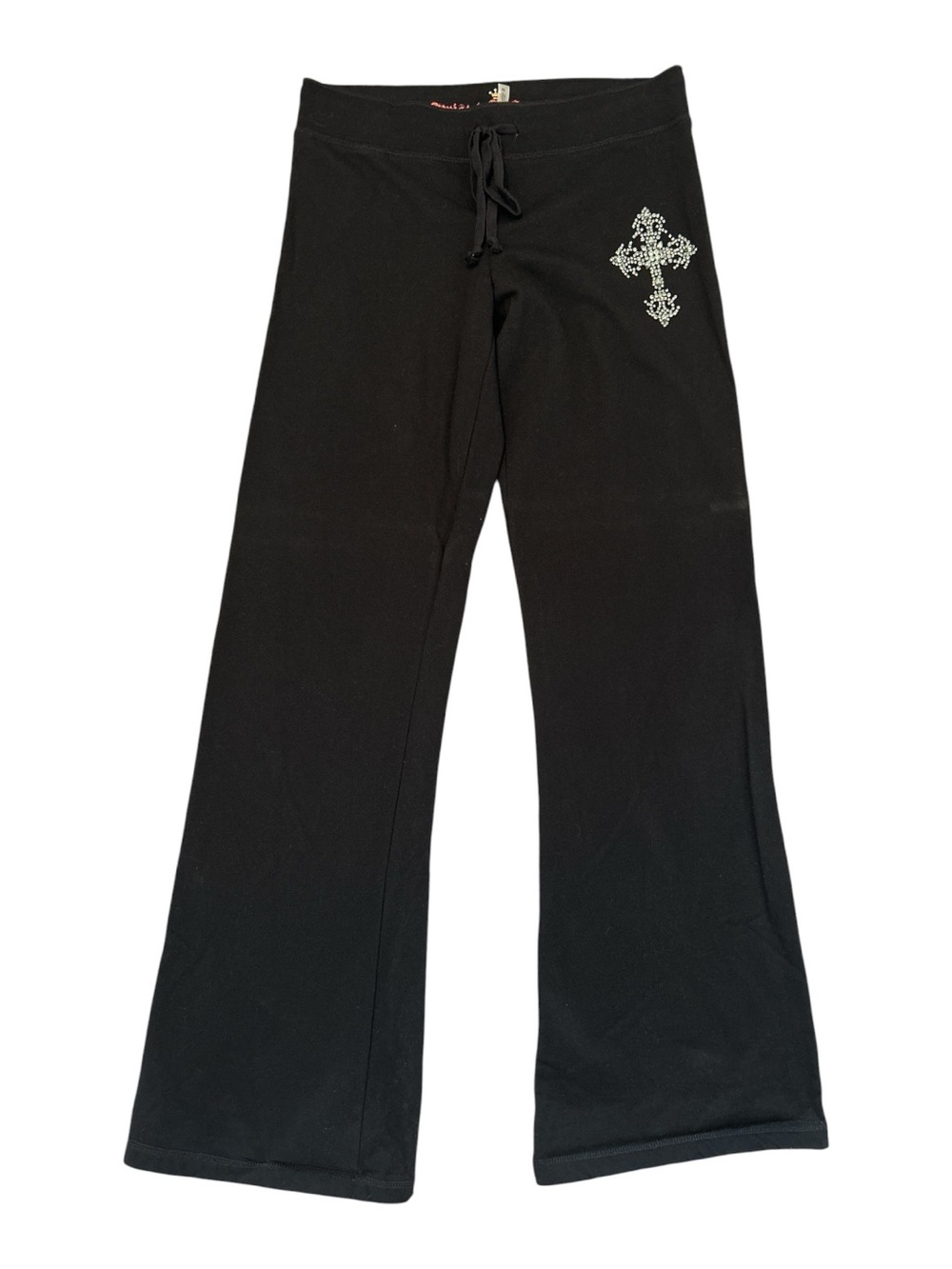 Twisted Heart Womens M Black Rhinestone Cross Flare Yoga Lounge Pants Y2K